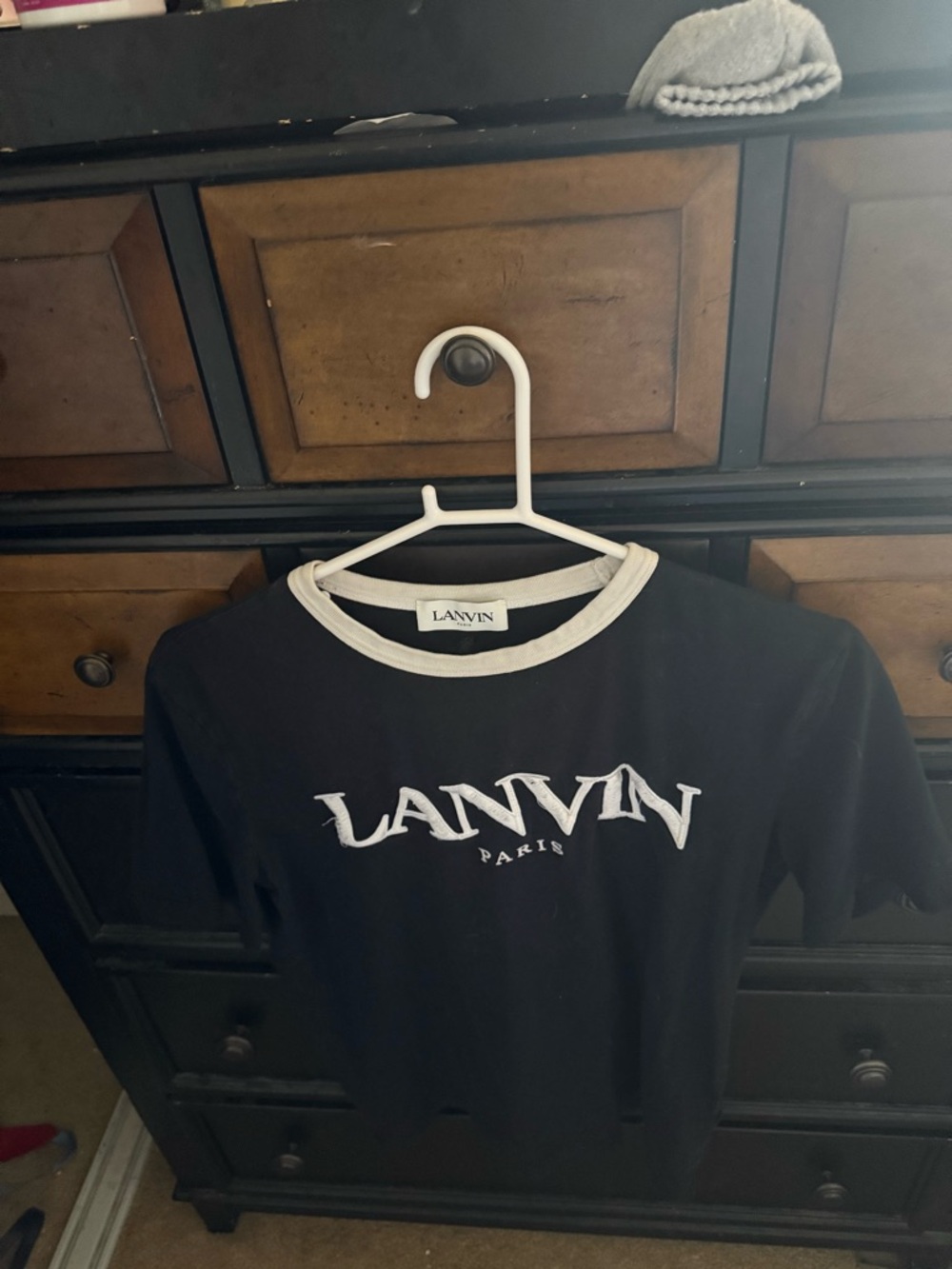 Lanvin Black Tee with White Trim and Logo